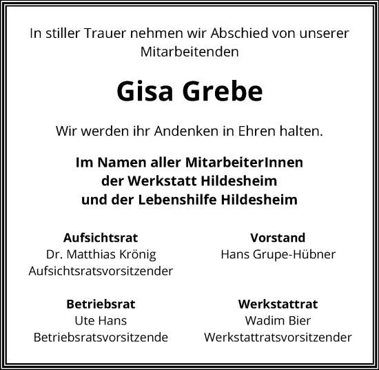 Traueranzeige von Gisa Grebe von Hildesheimer Allgemeine Zeitung