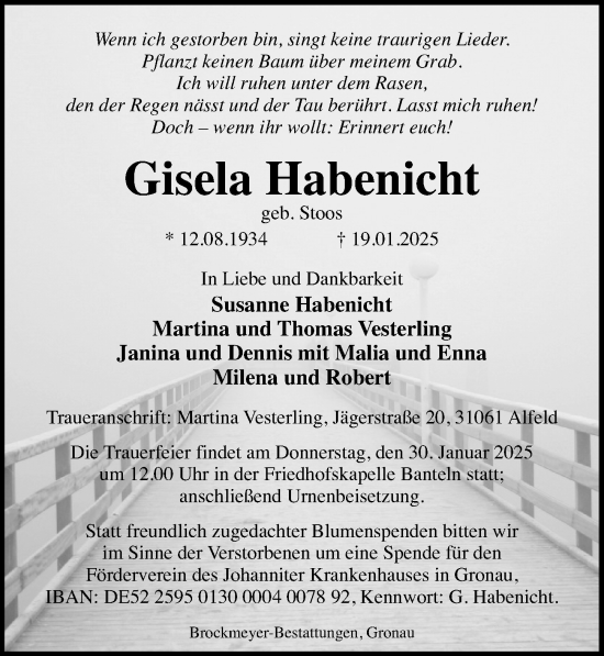 Traueranzeige von Gisela Habenicht von Hildesheimer Allgemeine Zeitung