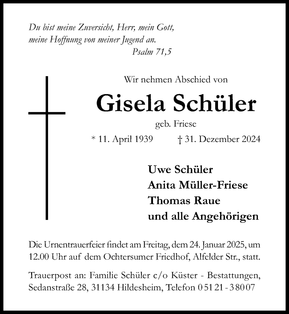  Traueranzeige für Gisela Schüler vom 08.01.2025 aus Hildesheimer Allgemeine Zeitung
