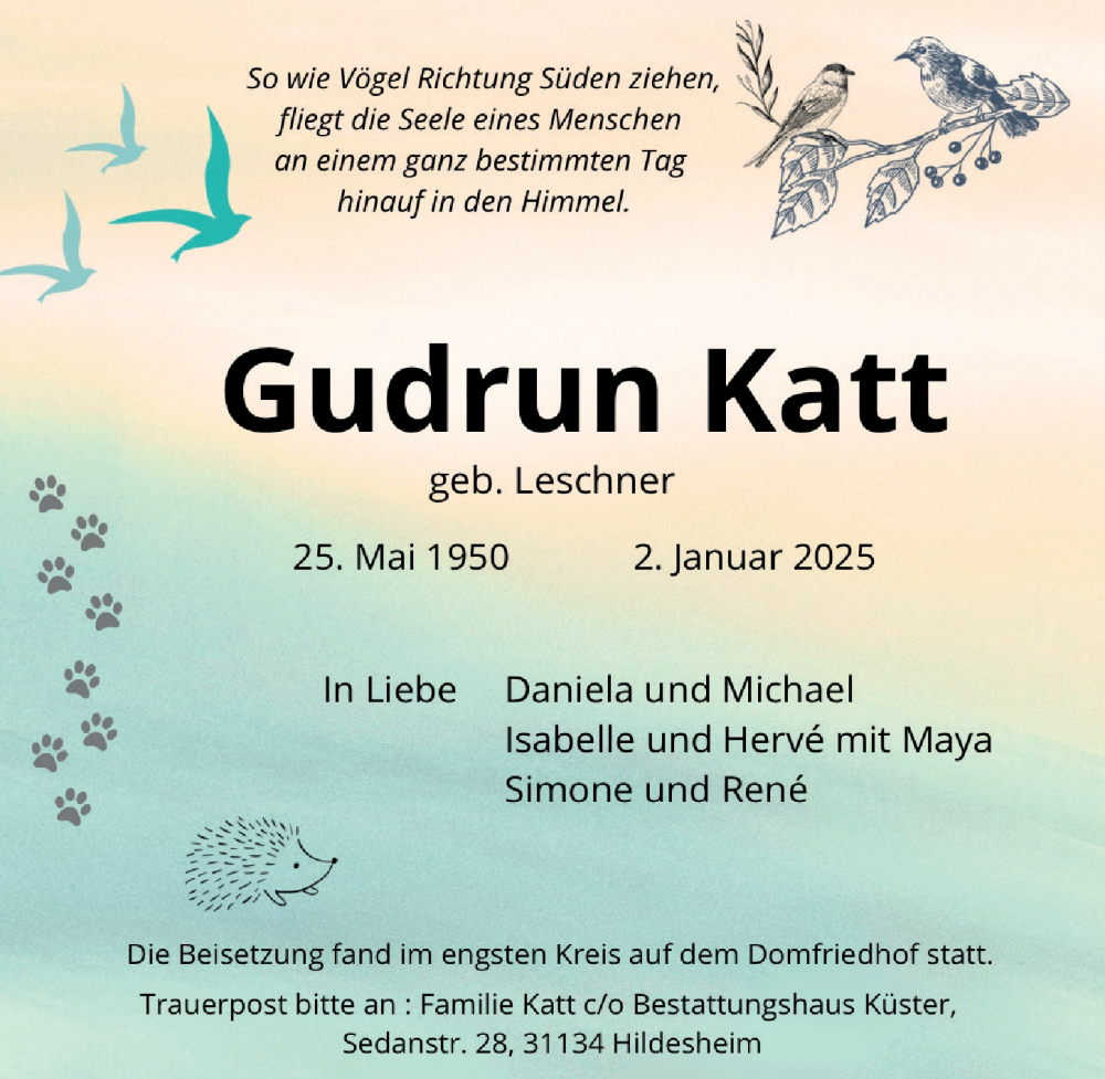  Traueranzeige für Gudrun Katt vom 11.01.2025 aus Hildesheimer Allgemeine Zeitung