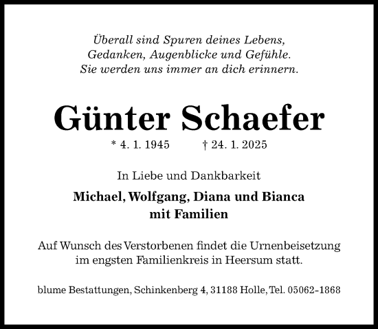 Traueranzeige von Günter Schaefer von Hildesheimer Allgemeine Zeitung