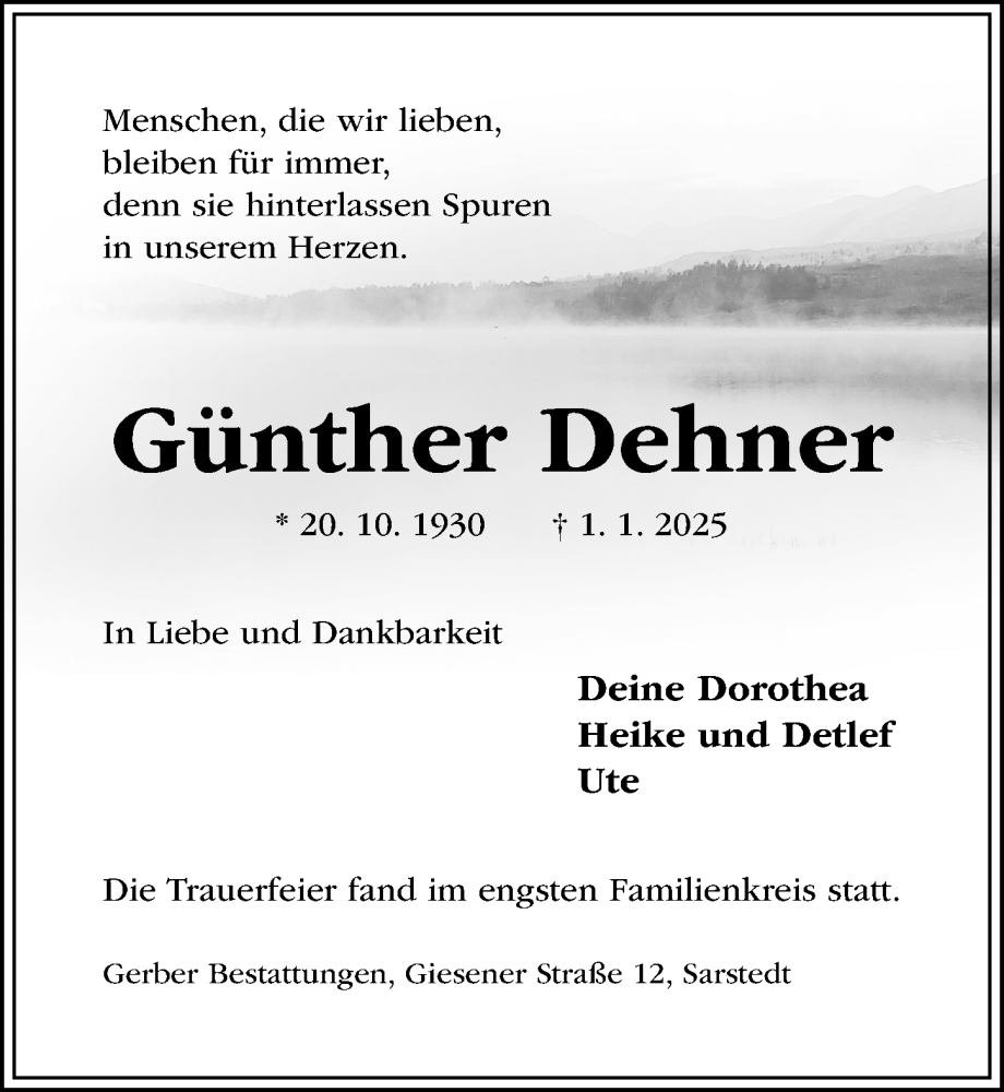  Traueranzeige für Günther Dehner vom 25.01.2025 aus Hildesheimer Allgemeine Zeitung