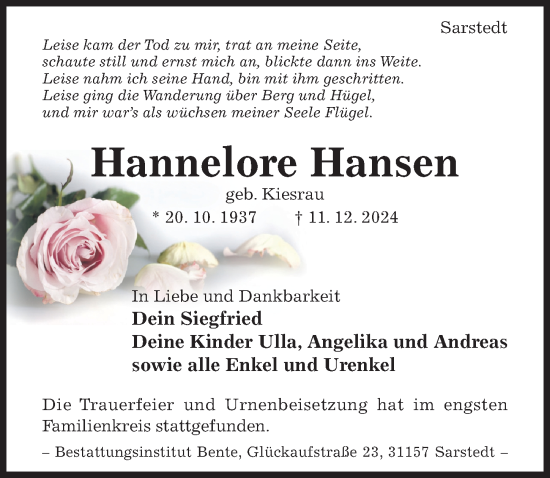 Traueranzeige von Hannelore Hansen von Hildesheimer Allgemeine Zeitung