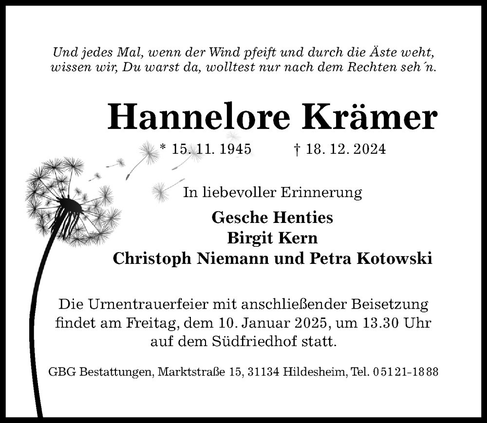  Traueranzeige für Hannelore Krämer vom 04.01.2025 aus Hildesheimer Allgemeine Zeitung