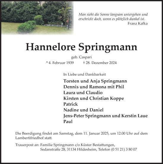 Traueranzeige von Hannelore Springmann von Hildesheimer Allgemeine Zeitung