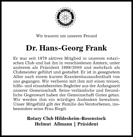 Traueranzeige von Hans-Georg Frank von Hildesheimer Allgemeine Zeitung