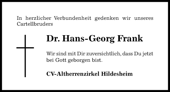 Traueranzeige von Hans-Georg Frank von Hildesheimer Allgemeine Zeitung