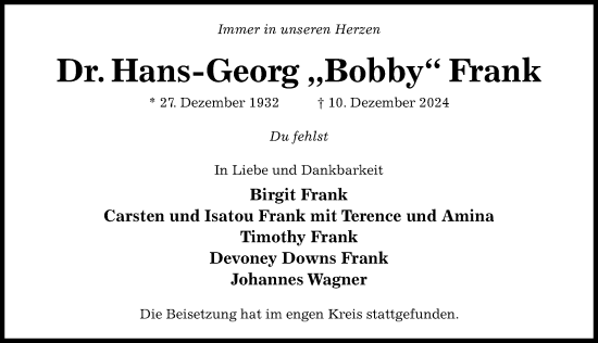 Traueranzeige von Hans-Georg Frank von Hildesheimer Allgemeine Zeitung