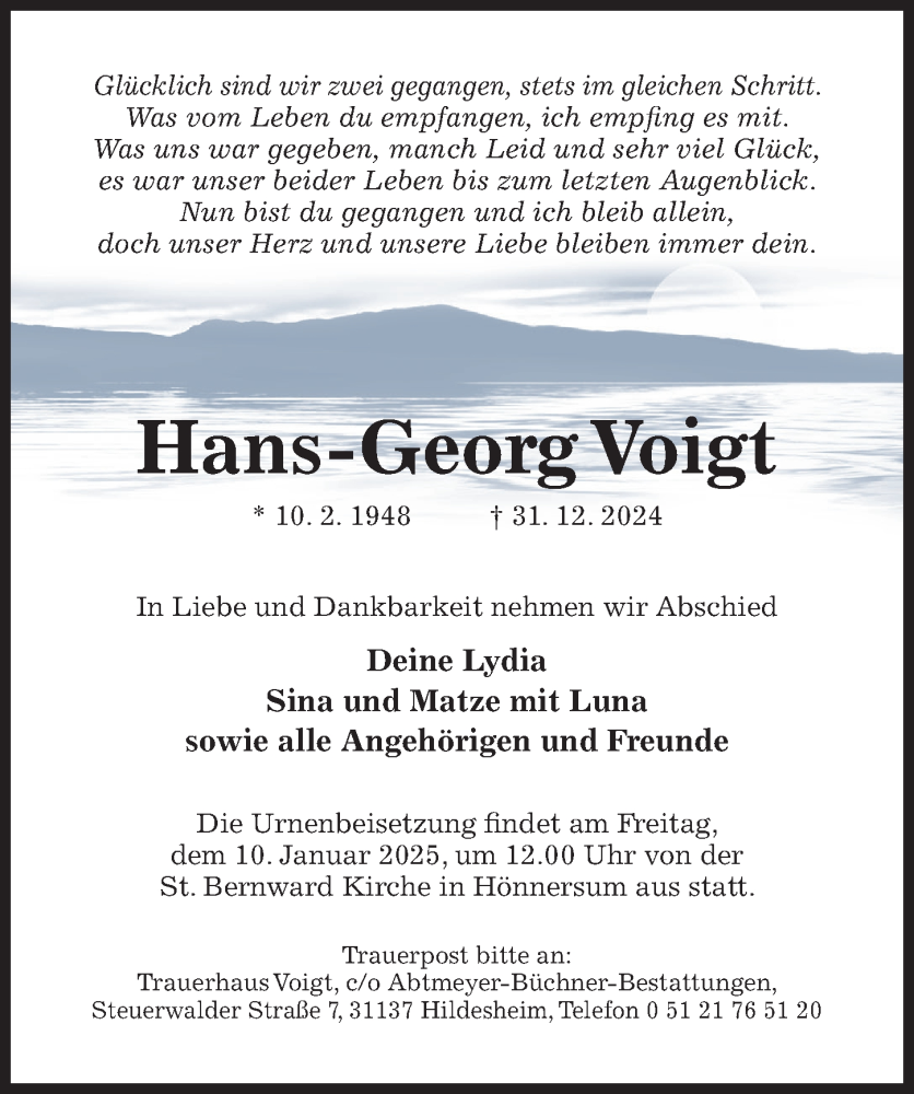  Traueranzeige für Hans-Georg Voigt vom 08.01.2025 aus Hildesheimer Allgemeine Zeitung