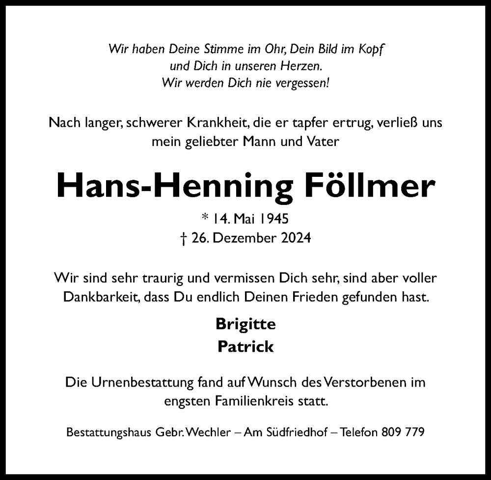  Traueranzeige für Hans-Henning Föllmer vom 25.01.2025 aus Hildesheimer Allgemeine Zeitung