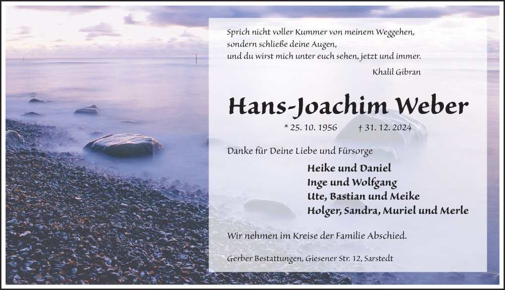  Traueranzeige für Hans-Joachim Weber vom 25.01.2025 aus Hildesheimer Allgemeine Zeitung