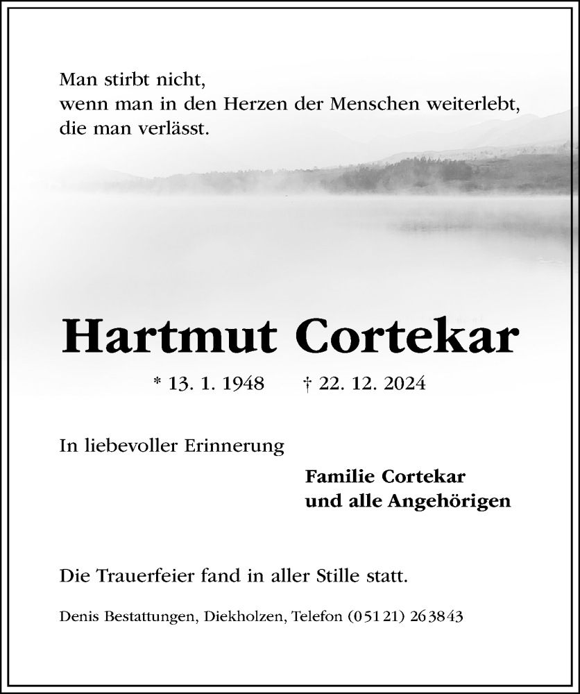  Traueranzeige für Hartmut Cortekar vom 15.01.2025 aus Hildesheimer Allgemeine Zeitung