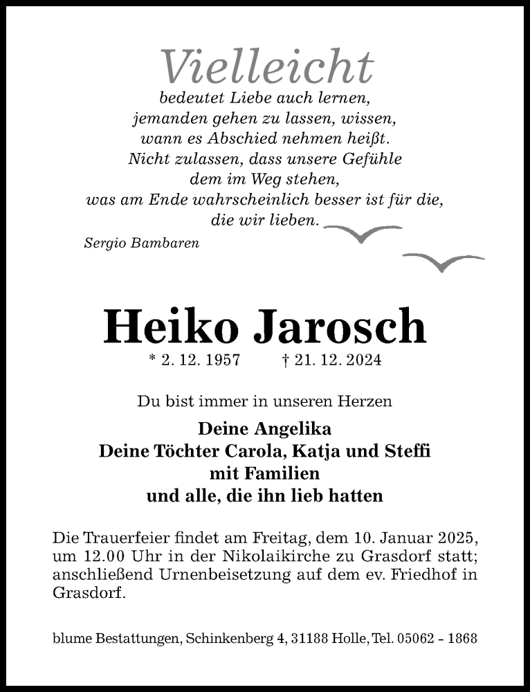  Traueranzeige für Heiko Jarosch vom 04.01.2025 aus Hildesheimer Allgemeine Zeitung
