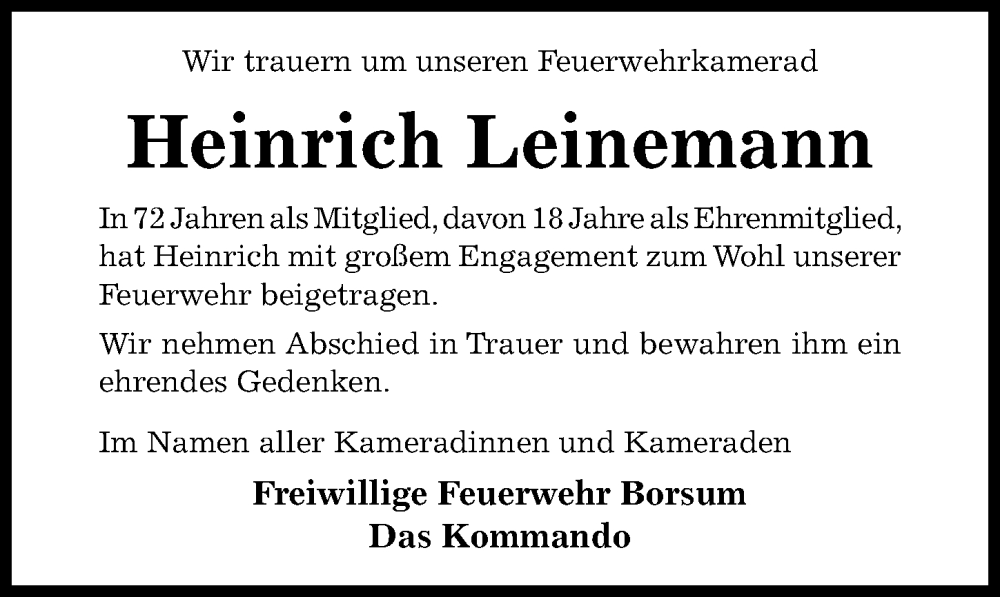  Traueranzeige für Heinrich Leinemann vom 04.01.2025 aus Hildesheimer Allgemeine Zeitung