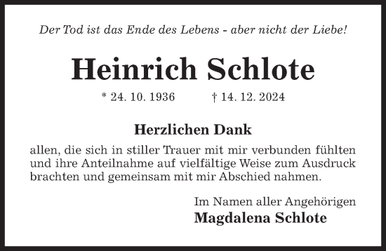 Traueranzeige von Heinrich Schlote von Hildesheimer Allgemeine Zeitung