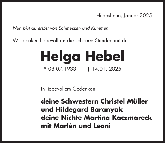 Traueranzeige von Helga Hebel von Hildesheimer Allgemeine Zeitung