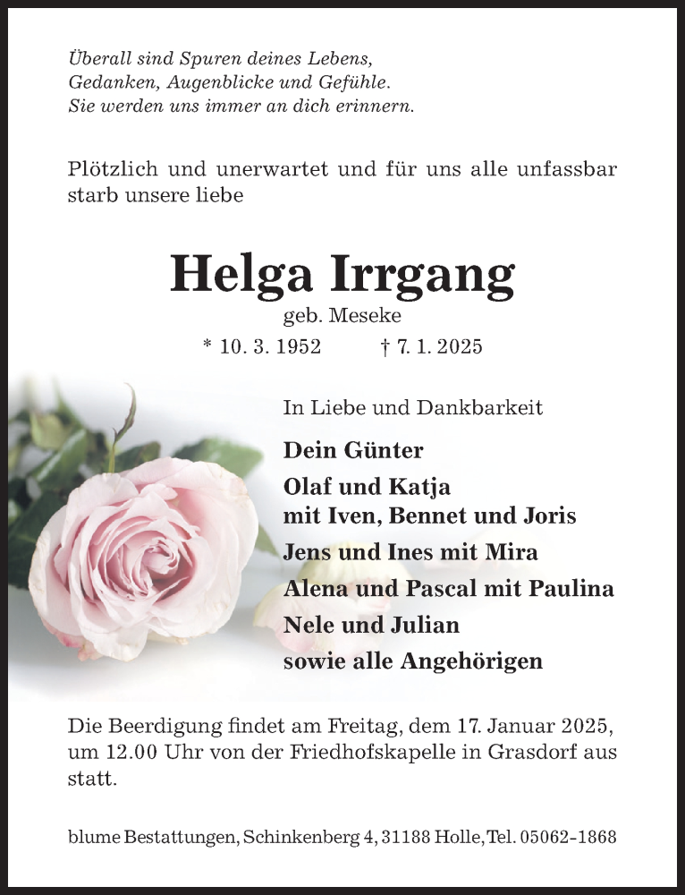  Traueranzeige für Helga Irrgang vom 11.01.2025 aus Hildesheimer Allgemeine Zeitung