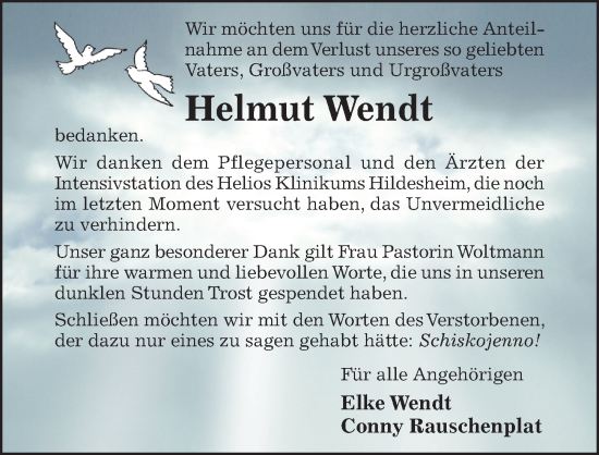 Traueranzeige von Helmut Wendt von Hildesheimer Allgemeine Zeitung