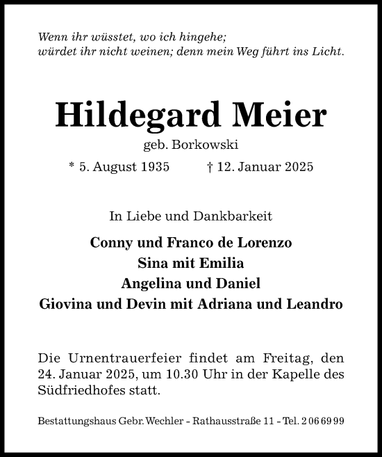 Traueranzeige von Hildegard Meier von Hildesheimer Allgemeine Zeitung