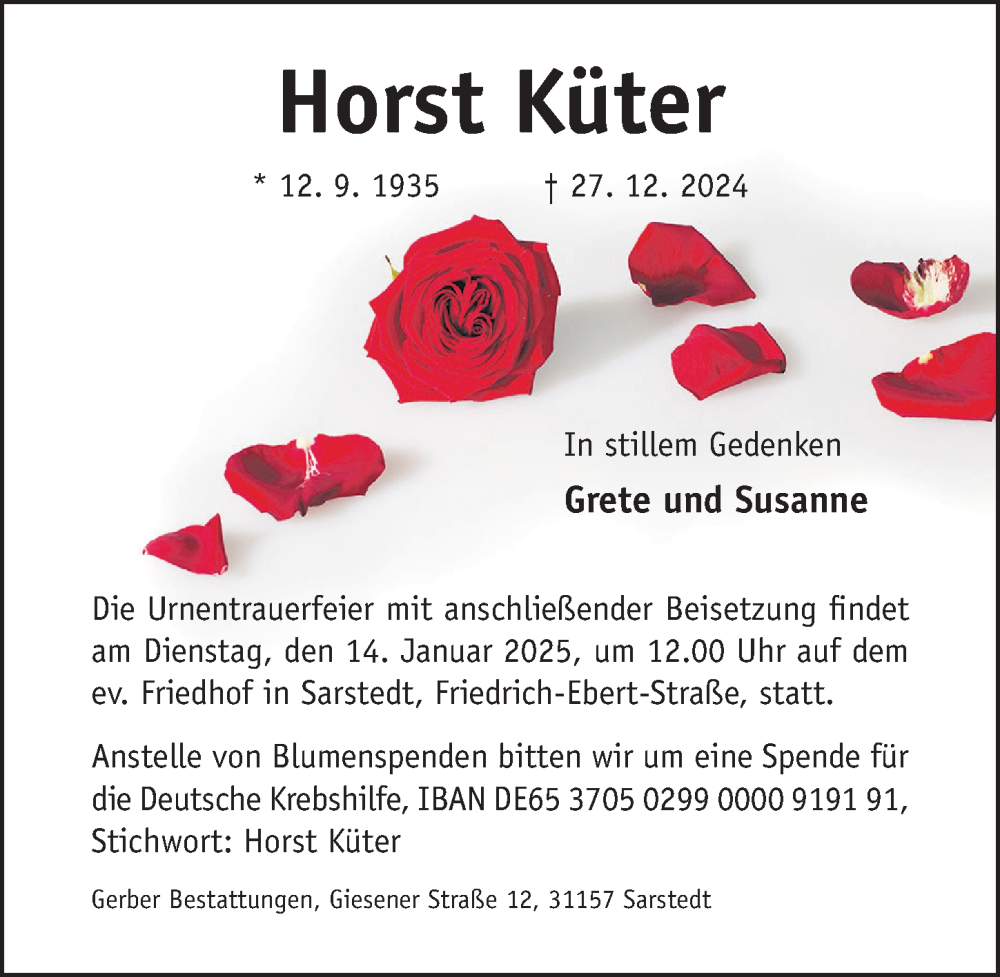  Traueranzeige für Horst Küter vom 08.01.2025 aus Hildesheimer Allgemeine Zeitung