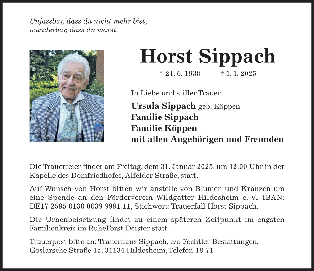  Traueranzeige für Horst Sippach vom 11.01.2025 aus Hildesheimer Allgemeine Zeitung