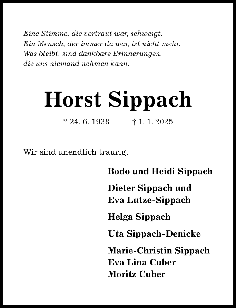  Traueranzeige für Horst Sippach vom 11.01.2025 aus Hildesheimer Allgemeine Zeitung