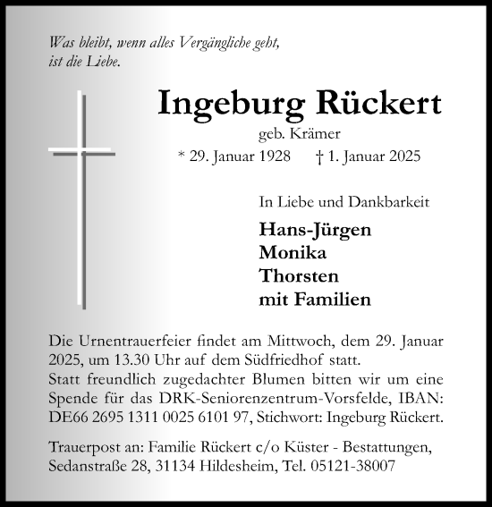 Traueranzeige von Ingeburg Rückert von Hildesheimer Allgemeine Zeitung