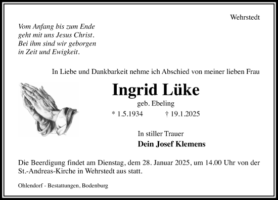 Traueranzeige von Ingrid Lüke von Hildesheimer Allgemeine Zeitung