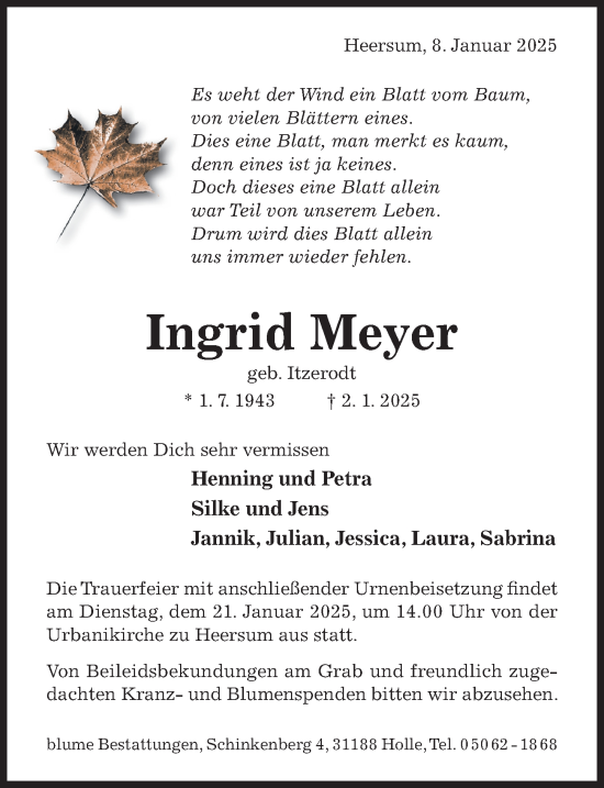 Traueranzeige von Ingrid Meyer von Hildesheimer Allgemeine Zeitung