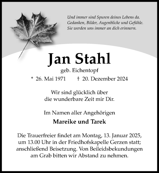 Traueranzeige von Jan Stahl von Hildesheimer Allgemeine Zeitung