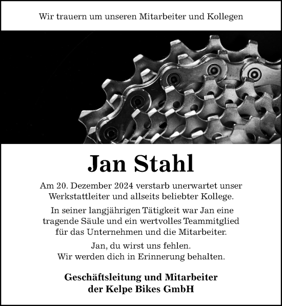 Traueranzeige von Jan Stahl von Hildesheimer Allgemeine Zeitung
