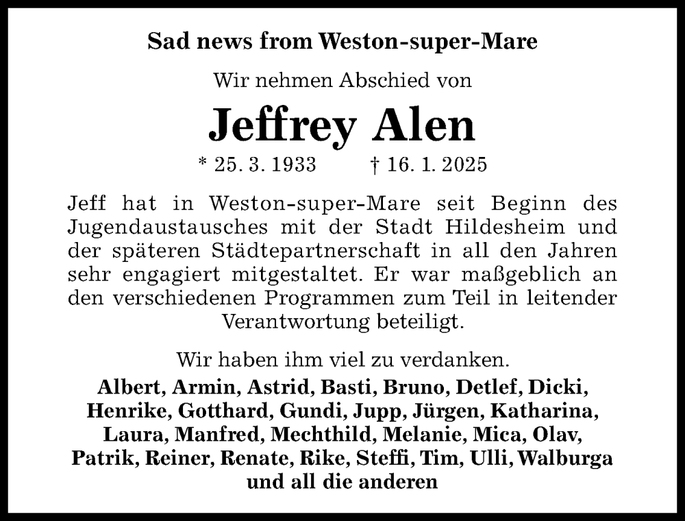  Traueranzeige für Jeffrey Alen vom 22.01.2025 aus Hildesheimer Allgemeine Zeitung