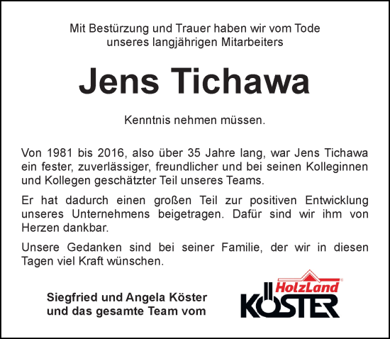 Traueranzeige von Jens Tichawa von Hildesheimer Allgemeine Zeitung