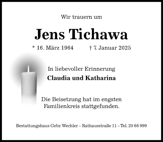Traueranzeige von Jens Tichawa von Hildesheimer Allgemeine Zeitung