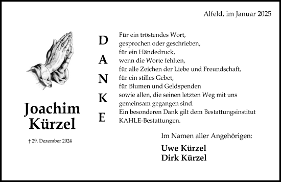 Traueranzeige von Joachim Kürzel von Hildesheimer Allgemeine Zeitung
