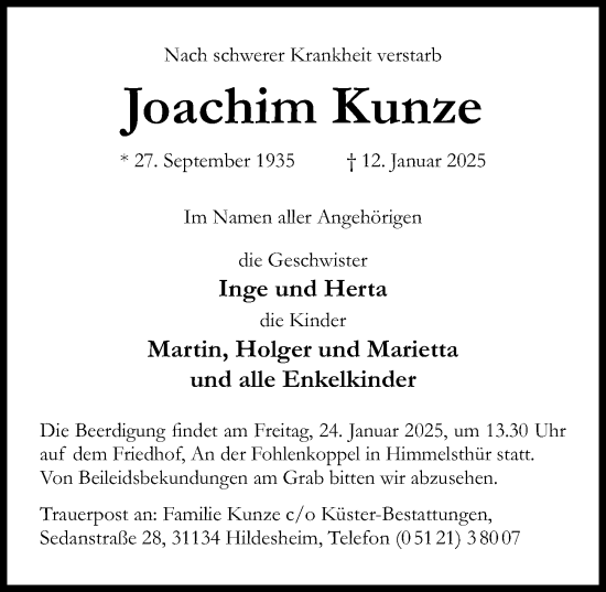 Traueranzeige von Joachim Kunze von Hildesheimer Allgemeine Zeitung
