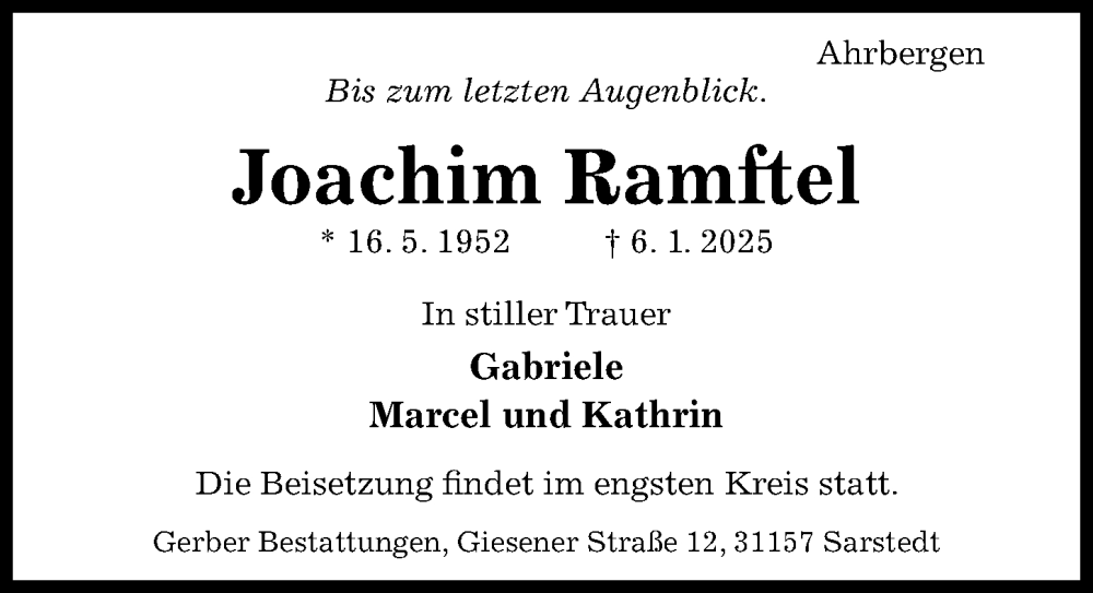  Traueranzeige für Joachim Ramftel vom 11.01.2025 aus Hildesheimer Allgemeine Zeitung