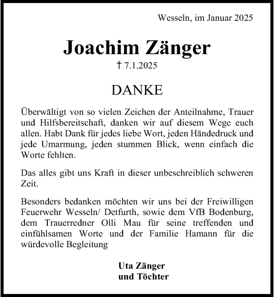 Traueranzeige von Joachim  Zänger von Hildesheimer Allgemeine Zeitung