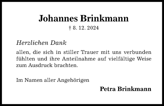 Traueranzeige von Johannes Brinkmann von Hildesheimer Allgemeine Zeitung