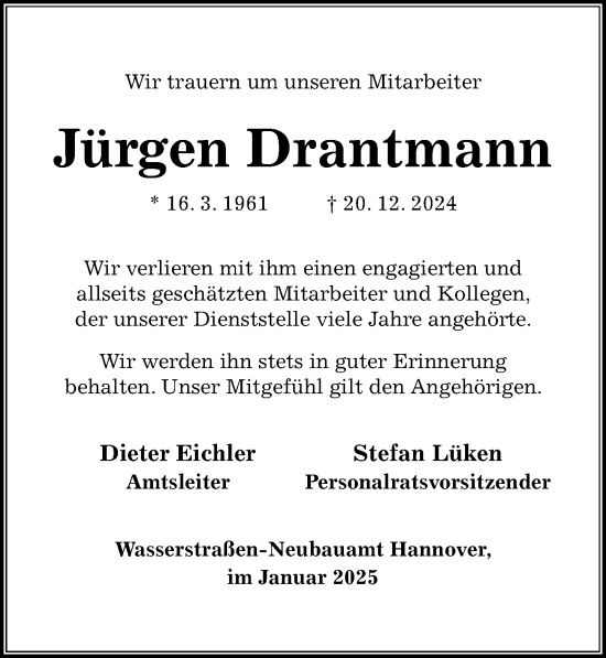 Traueranzeige von Jürgen Drantmann von Hildesheimer Allgemeine Zeitung
