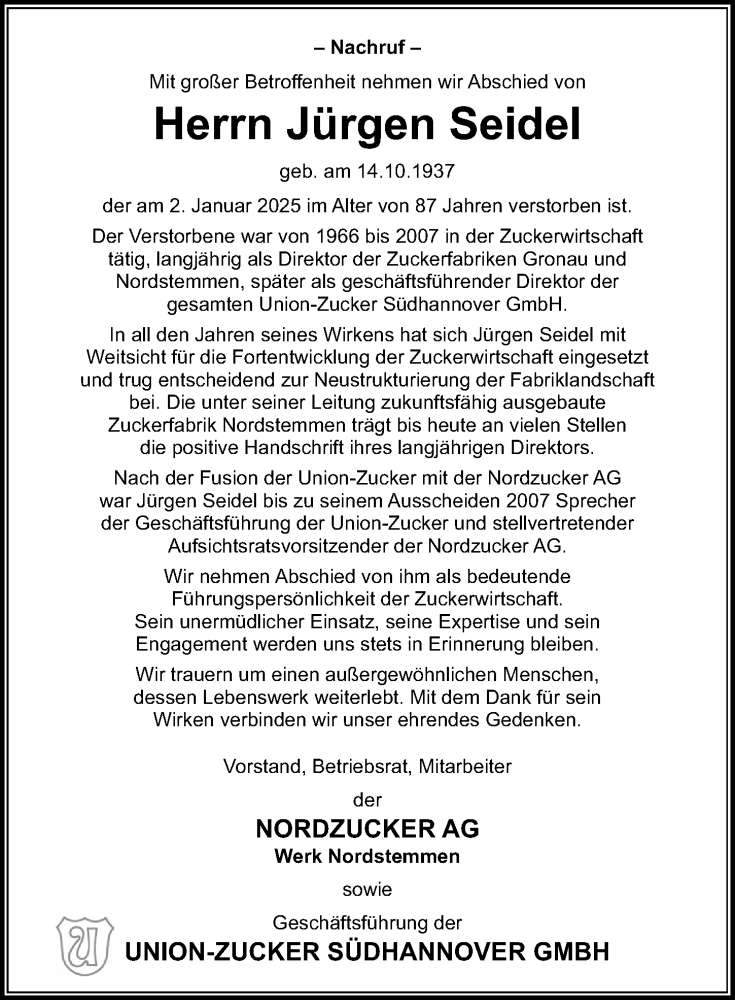 Traueranzeige für Jürgen Seidel vom 18.01.2025 aus Hildesheimer Allgemeine Zeitung