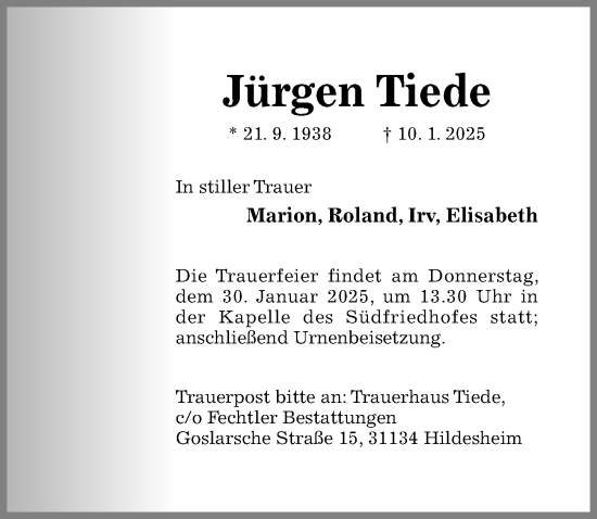 Traueranzeige von Jürgen Tiede von Hildesheimer Allgemeine Zeitung