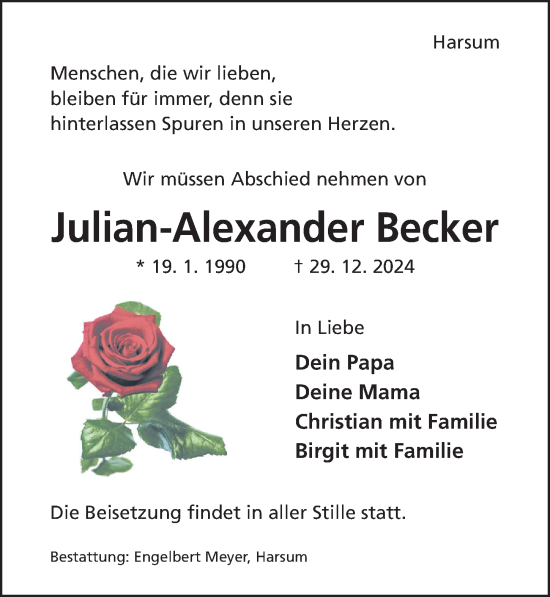 Traueranzeige von Julian-Alexander Becker von Hildesheimer Allgemeine Zeitung