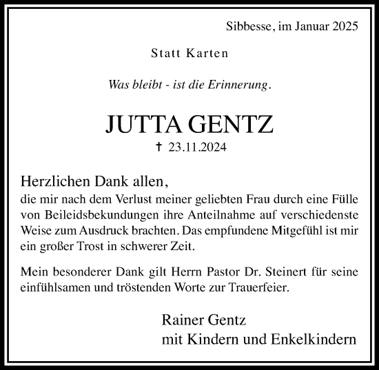 Traueranzeige von Jutta Gentz von Hildesheimer Allgemeine Zeitung