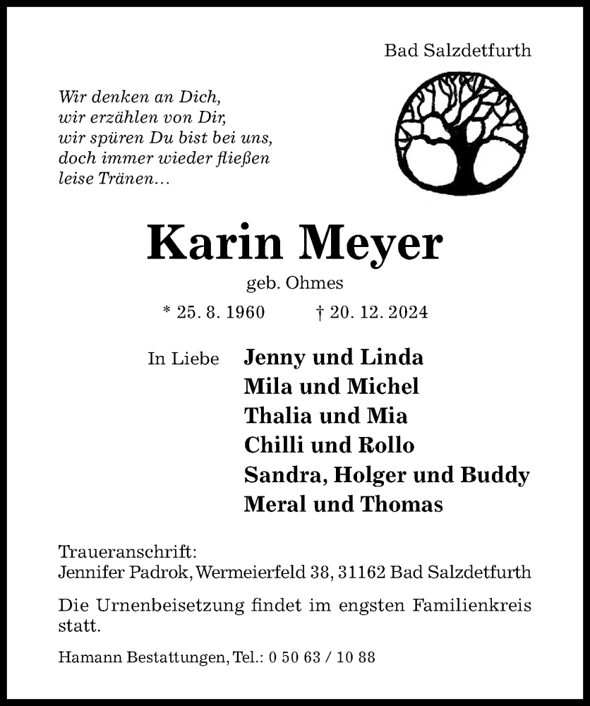  Traueranzeige für Karin Meyer vom 08.01.2025 aus Hildesheimer Allgemeine Zeitung