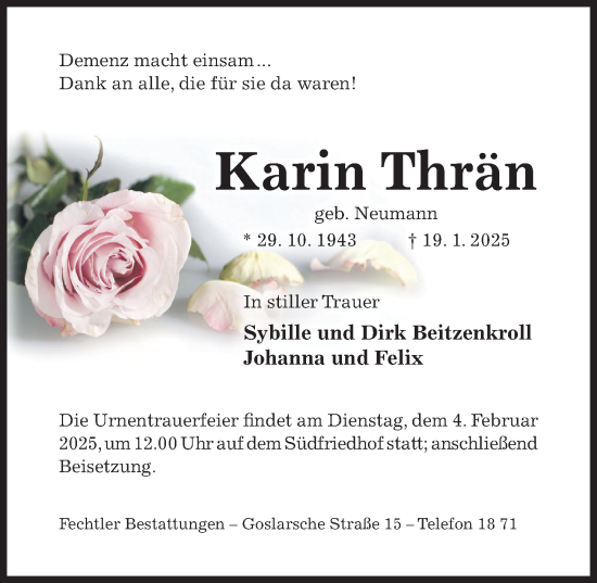 Traueranzeige von Karin Thrän von Hildesheimer Allgemeine Zeitung