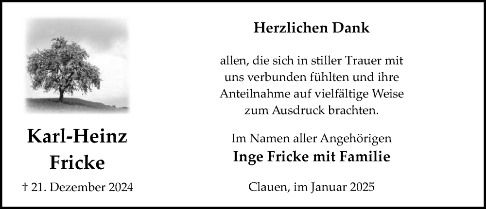  Traueranzeige für Karl-Heinz Fricke vom 29.01.2025 aus Hildesheimer Allgemeine Zeitung