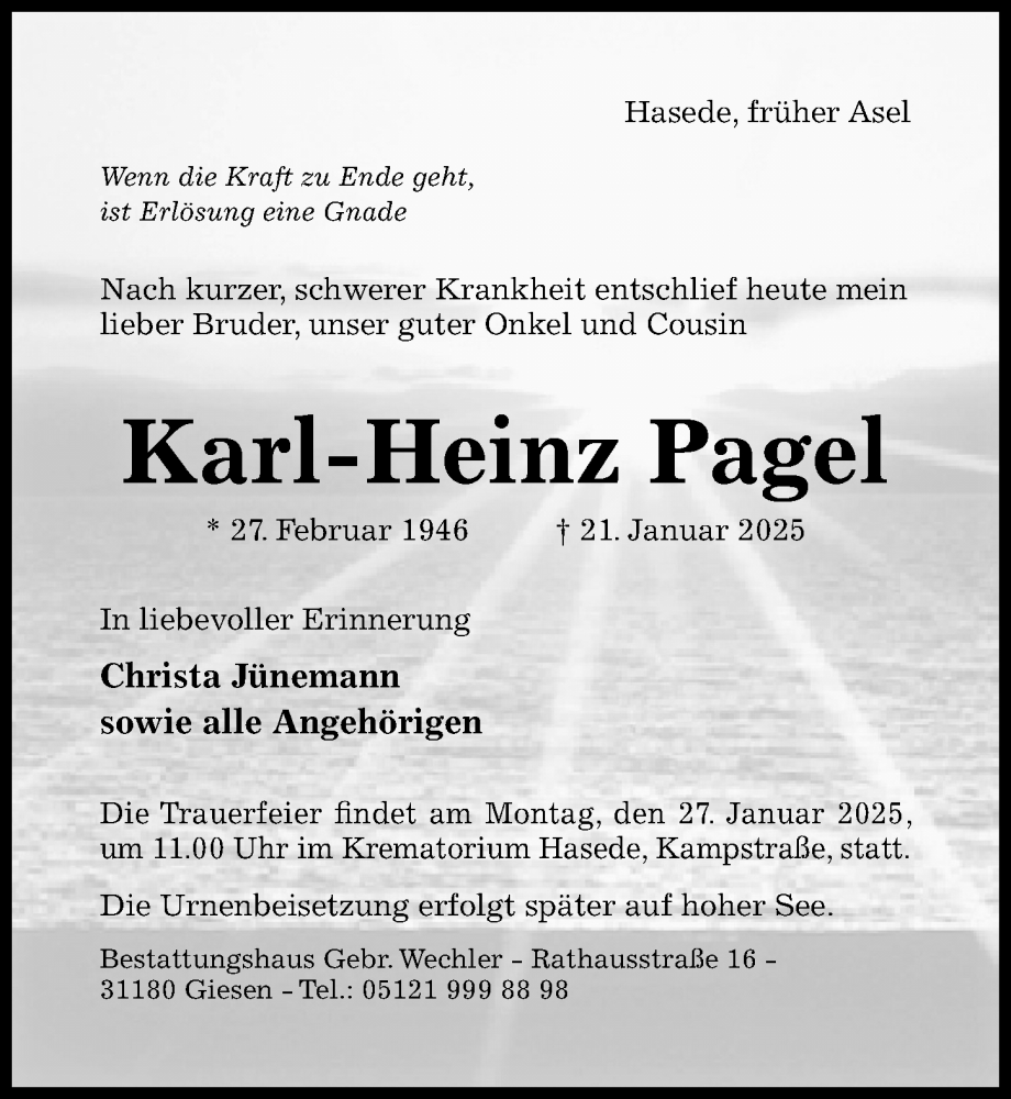  Traueranzeige für Karl-Heinz Pagel vom 25.01.2025 aus Hildesheimer Allgemeine Zeitung