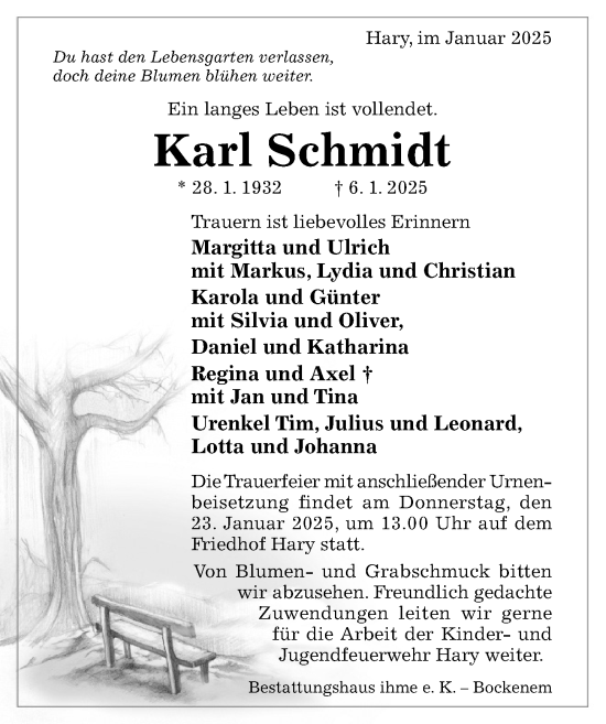 Traueranzeige von Karl Schmidt von Hildesheimer Allgemeine Zeitung
