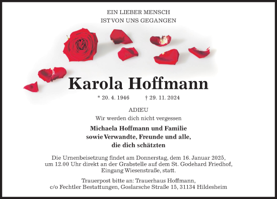 Traueranzeige von Karola Hoffmann von Hildesheimer Allgemeine Zeitung